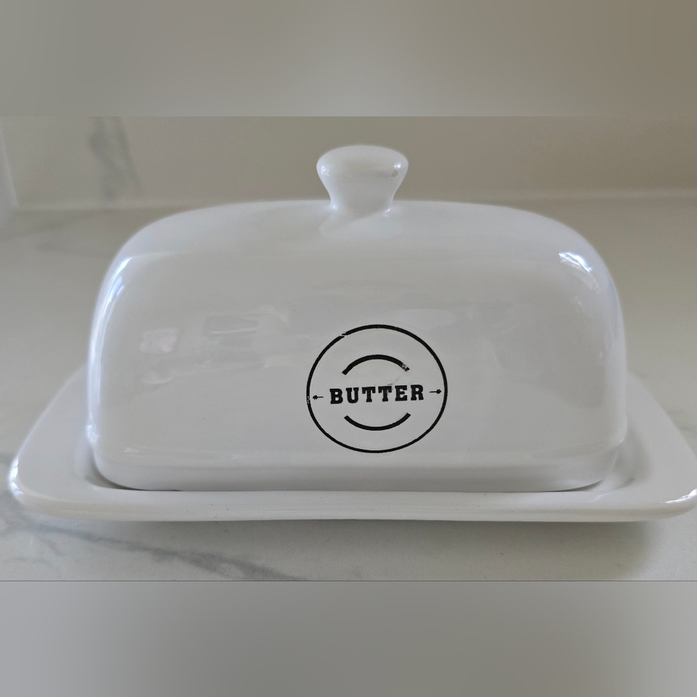 White Ceramic Market Fines Butter Dish Farmhouse‎ Rustic Style